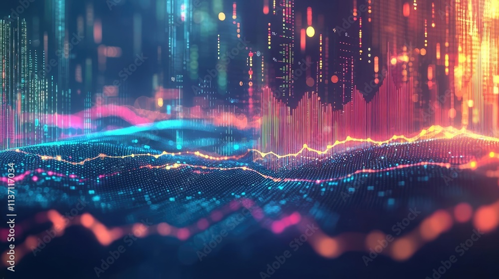 Poster weather forecast concept. colorful digital landscape with dynamic data flow and glowing visualizatio