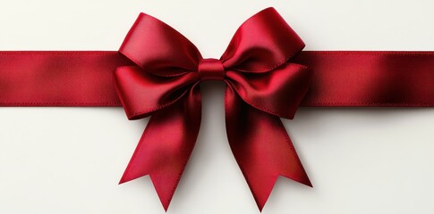 Top view of a red bow with ribbon on a white background, embodying festive elegance.