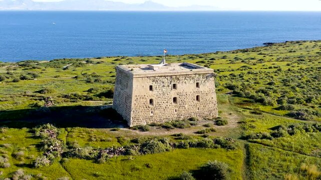 Aerial view of San Jose Tower in Tabarca Island. The smallest Mediterranean island with permanent inhabitants in Spain.