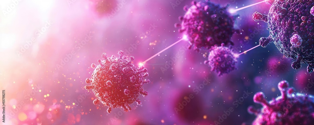 Poster cancer cells concept. colorful representation of viruses showcasing their complex structures and int