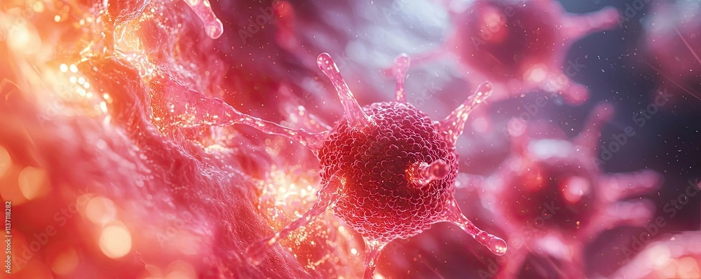 Poster cancer cells concept. close-up view of a vibrant virus particle in a colorful microscopic environmen
