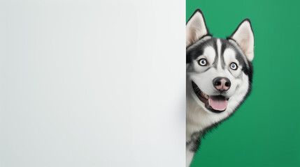 Portrait of a cute husky dog peeking from behind the edge of a white wall with copy space