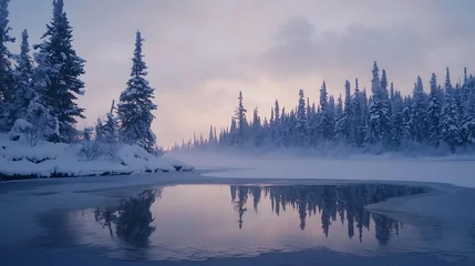 Plexiglas schilderij Mistig bos Serene Winter Landscape Reflecting in Frozen Lake  © siyons