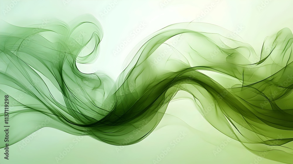 Poster an abstract green smoke wave gracefully flows across a soft, light background, creating a serene and
