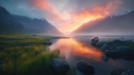 Serene Sunset over Misty Mountain Lake with Bears