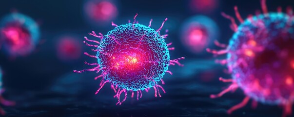 Cancer cells concept. Futuristic representation of virus cells showcasing vibrant colors and intricate details.