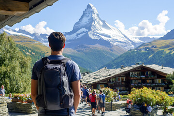 Young man with backpack looking at the majestic matterhorn peak in swiss alps © Andrey
