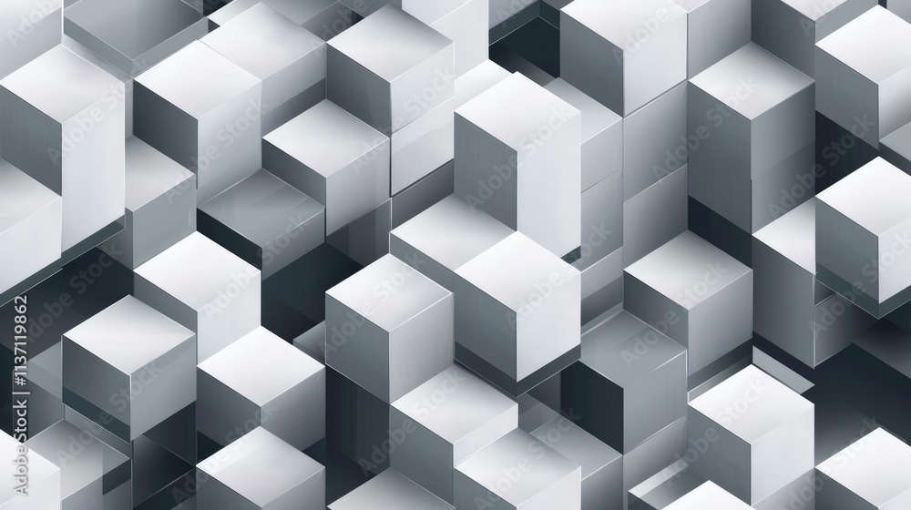 Poster abstract arrangement of 3d cubes in varying shades of gray, creating a modern visual texture.