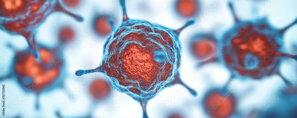 Poster cancer cells concept. close-up view of colorful cells showcasing cellular structure under a microsco