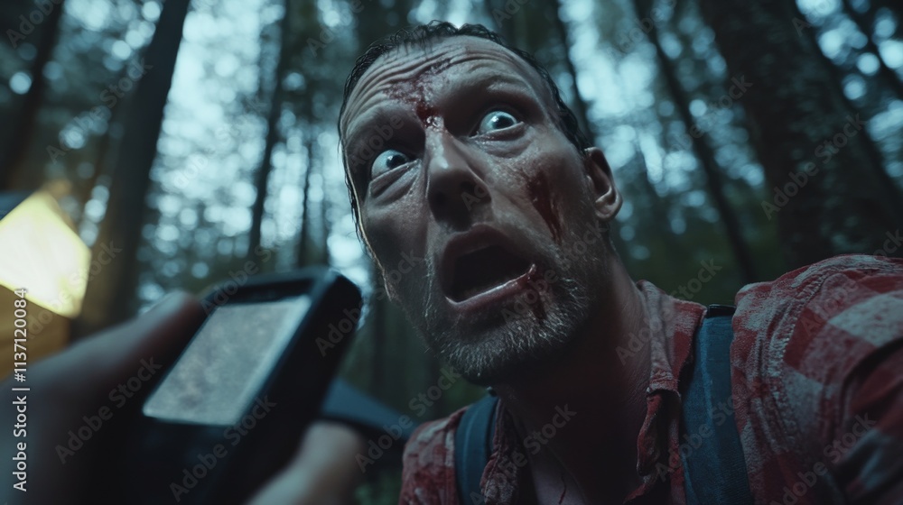 Poster a bloodied man with a horrified expression looks directly at the camera while in a dark forest. his 
