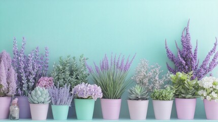 Pastel pots of lavender and succulents on a mint background