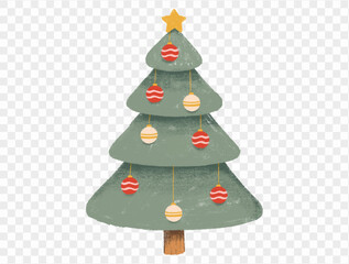 Hand drawn Christmas tree with chalk style decorations and childlike lines on  transparent background, perfect for festive designs. vector