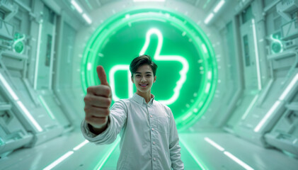 Futuristic digital space with glowing like icon and joyful figure - Generative AI