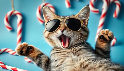 Christmas with a playful gray tabby cat lounging on its back in a yawning pose against a blue background decorated with candy canes