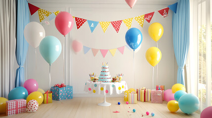 A decorated room with balloons, gifts, and a birthday cake on the table 