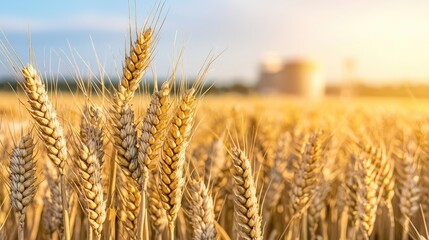 Fototapeta premium Wheat sustainability concept. Golden wheat field at sunset with a soft focus background of farm buildings.