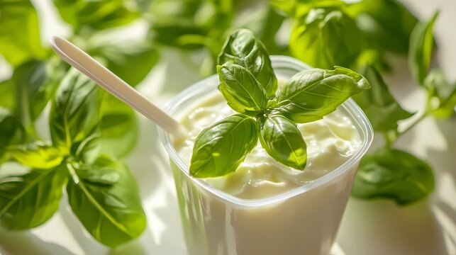Creamy yogurt in a plastic cup garnished with fresh basil leaves. - Powered by Adobe