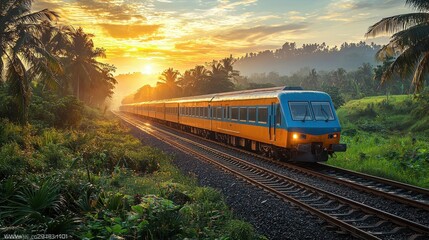 Fototapeta premium Vibrant Train Travel in Lush Green Rural Setting