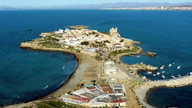 Aerial view of the antique town of the Mediterranean touristic island of Tabarca, in the Mediterranean coast, Alicante, Spain.