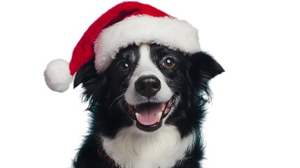 Obraz premium Happy black and white border collie dog wearing a Santa hat, posing on a turquoise background, ideal for festive holiday pet portraits
