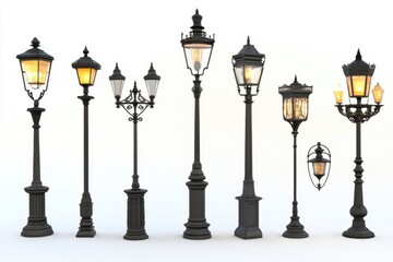 Classic Street Lamps: Elegant Designs Illuminate Urban Spaces with Style and Grace.  Various Styles for Cityscapes.