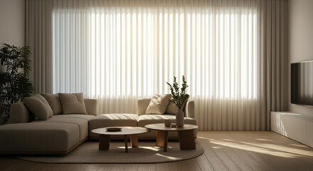 Modern Minimalist Living Room Interior Design Cozy Sofa Sunlight Wooden Coffee Tables