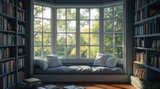 Fototapeta Sunlit library with bay window seat and bookshelves.