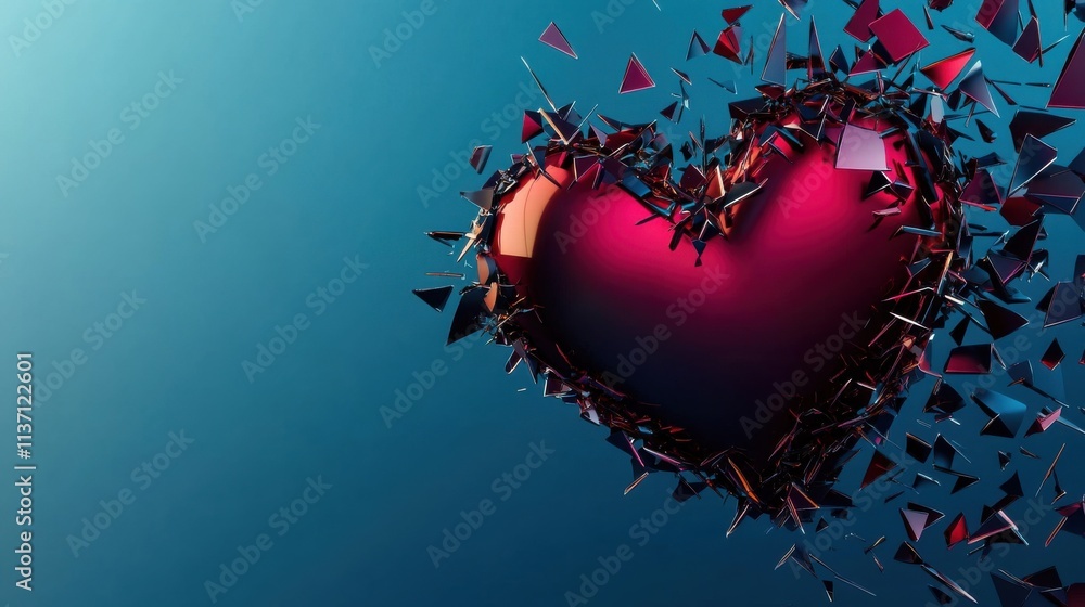 Poster abstract representation of a fragmented heart breaking apart in vibrant colors, symbolizing love, em