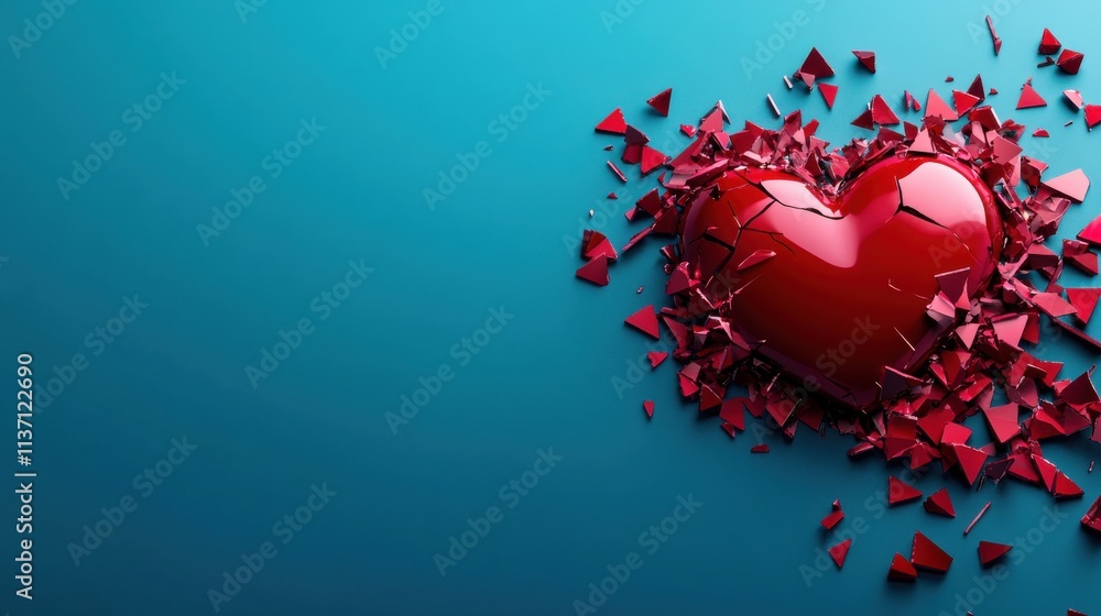 Poster heart shattering into pieces with broken red fragments on a turquoise background symbolizing heartbr