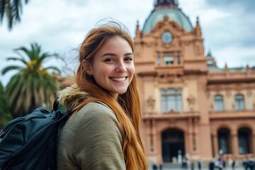 Happy tourist visiting the casa rosada, enjoying her trip to buenos aires, argentina
