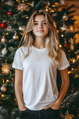mockup white t-shirt on a young beautiful girl close-up against the background of a Christmas tree with bokeh