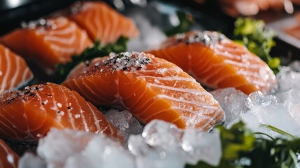 A mouthwatering display of fresh salmon fillets on ice, garnished with fresh herbs and sea salt flakes. The rich texture of the salmon contrasts beautifully with the crystalline ice, perfect for