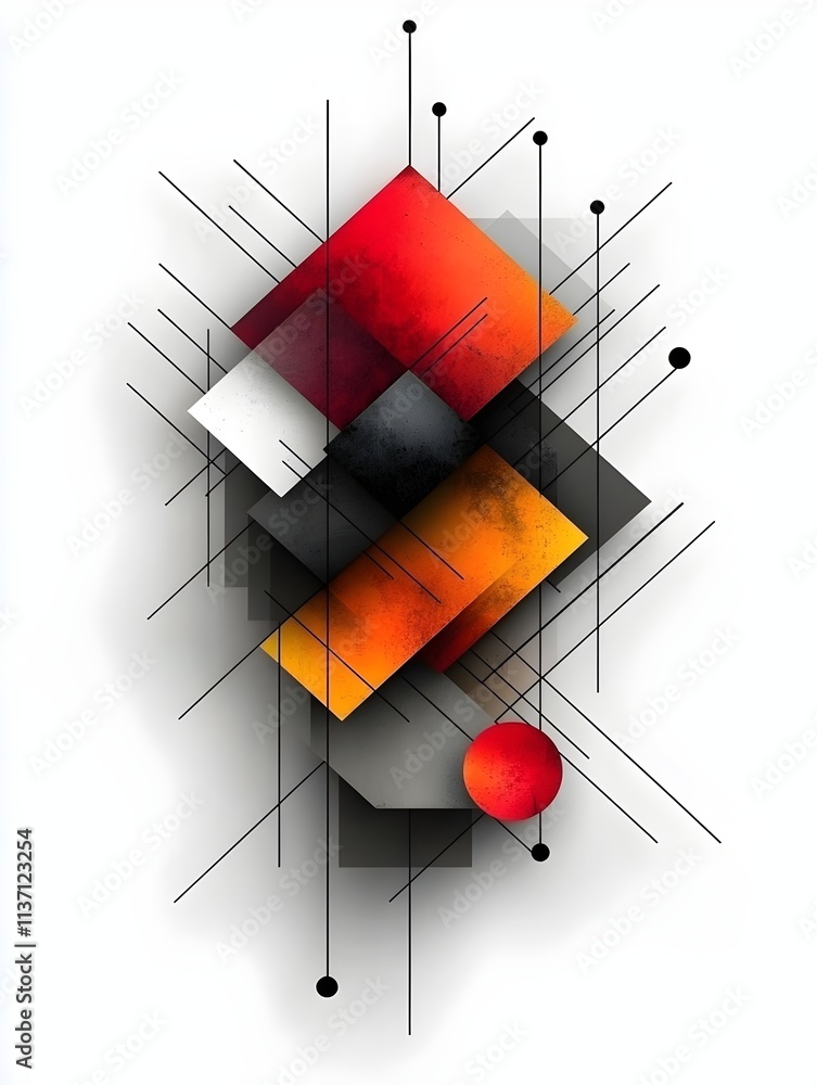 Poster An abstract composition featuring geometric shapes in vibrant reds, oranges, and blacks, creating a dynamic visual experience with intersecting lines and circles.