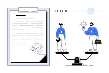 Business professionals discussing ideas on balancing scales next to a signed contract. Ideal for business negotiations, agreement, teamwork, balance, collaboration, legal documents, business deals