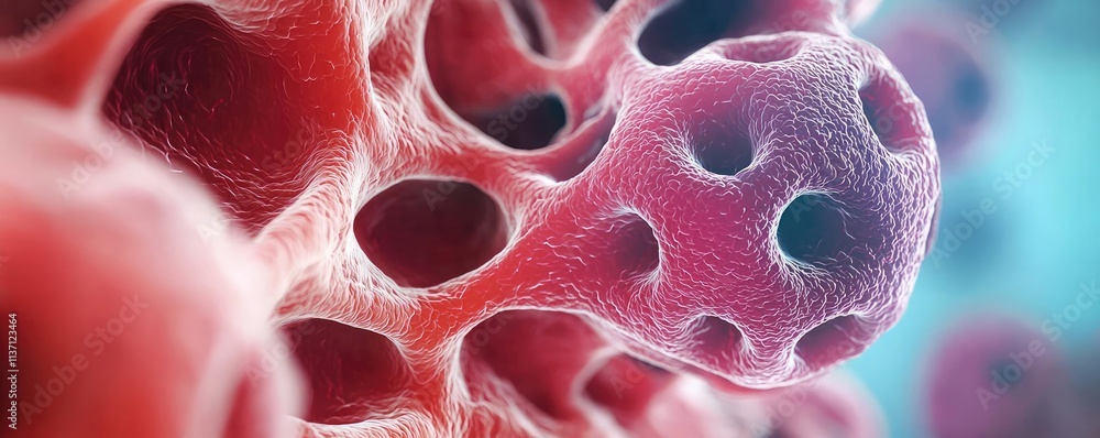 Poster cancer cells concept. close-up view of colorful cellular structures under a microscope.