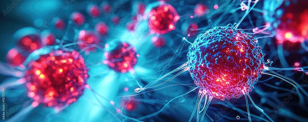 Poster cancer cells concept. a detailed close-up of vibrant cells showcasing intricate structures and textu