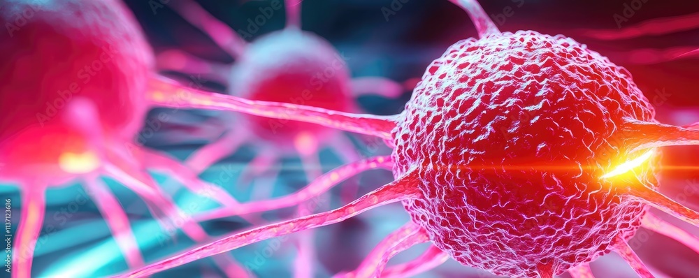 Poster cancer cells concept. close-up view of vibrant cells displaying intricate structures and glowing det