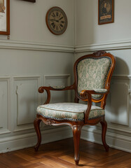 vintage retro interior with old fashioned chair, close-up, with white tones