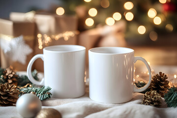 mockup two white mugs close up on christmas background