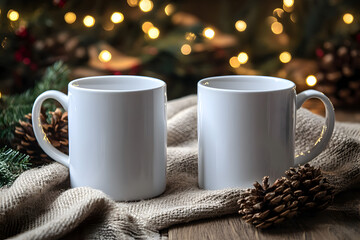 mockup two white mugs close up on christmas background