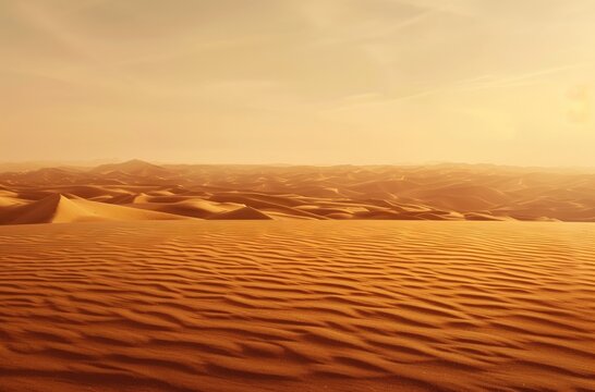 A serene desert landscape featuring rolling sand dunes under a warm golden sky, highlighting the beauty of nature's vastness. - Powered by Adobe