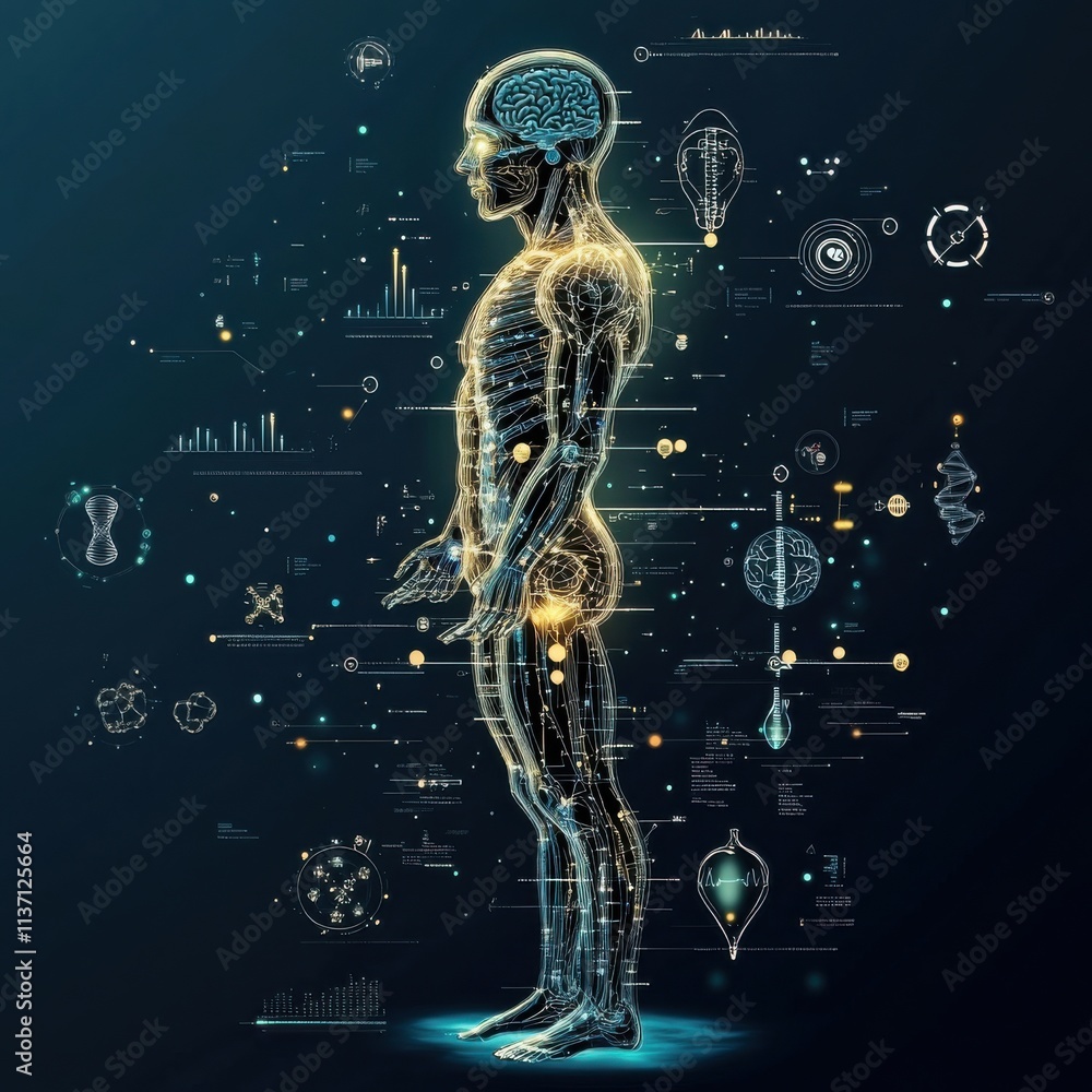Poster futuristic human anatomy with data visualization and neural connections representing brain function 