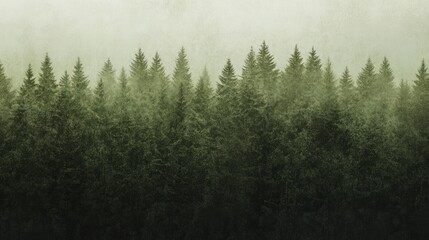 Misty Forest Green Coniferous Trees Landscape