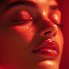 Close-Up of a Woman's Face Bathed in Red Light Therapy Glow