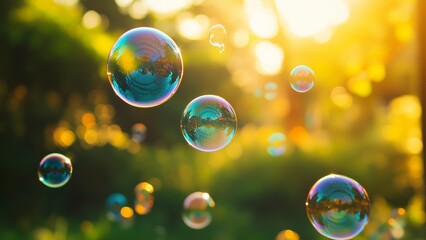 A close-up of multicolored soap bubbles shimmering in sunlight, with intricate details and vibrant hues, playful and captivating 