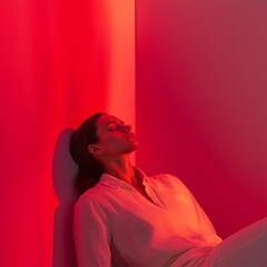 Minimalist Composition of Woman Reclining in Soft Red Lighting
