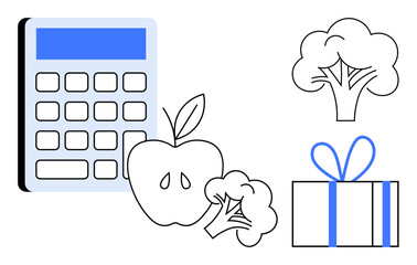 Calculator, apple, broccoli, and gift box. Ideal for healthy living, wellness fitness nutrition diet planning budgeting rewards. Line metaphor. Simple line icons