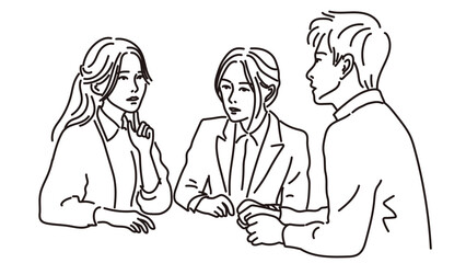 語り合う男女3人の線画