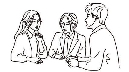 語り合う男女3人の線画