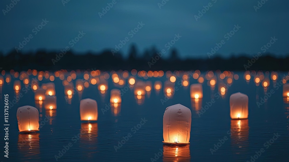 Poster chinese lanterns idea. a serene night scene with glowing lanterns floating on calm water, creating a